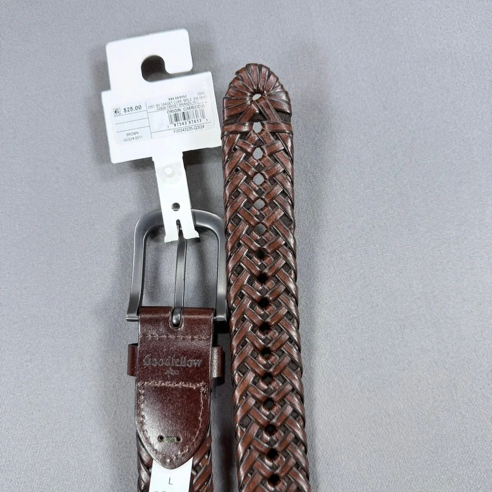Goodfellow Mens L Brown Faux Leather Braided Woven Belt Silver Buckle 36-40‎ NEW